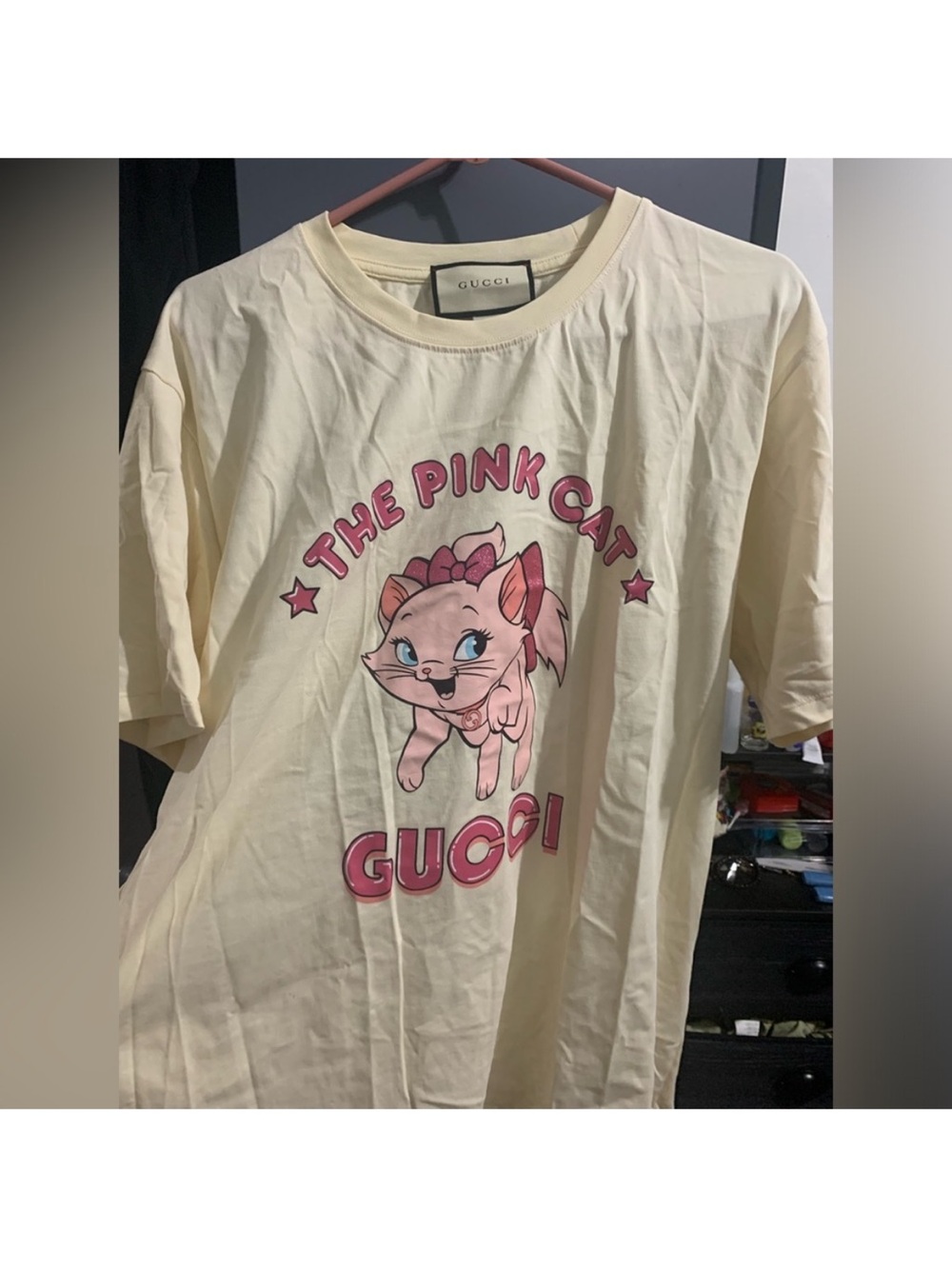 Gucci Cream Short Sleeve Tee with Pink Cat Graphic